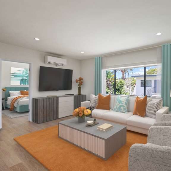 living room with large-size windows, vinyl flooring, and recessed lighting