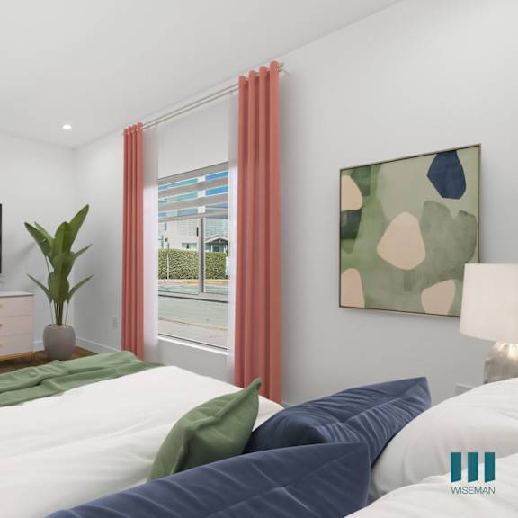 bedroom with large-size windows, vinyl flooring, and recessed lighting