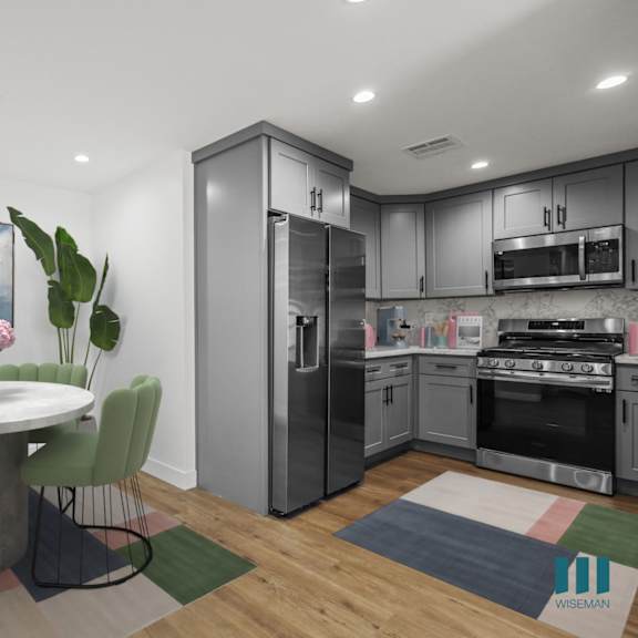 dining room and kitchen with energy-efficient appliances and ample cabinet storage