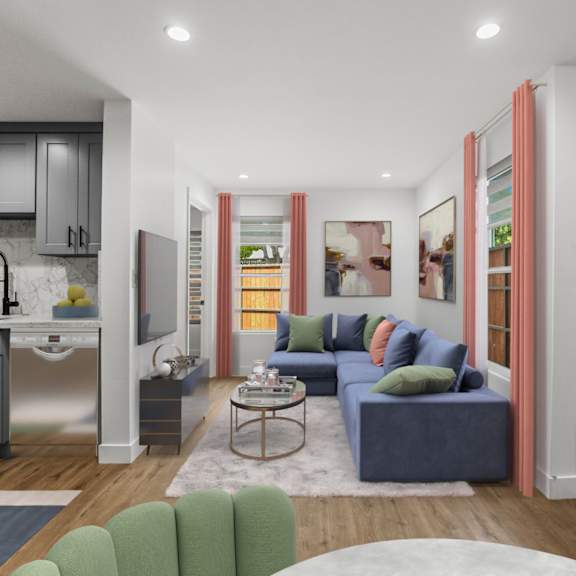 open-concept kitchen, dining, and living room