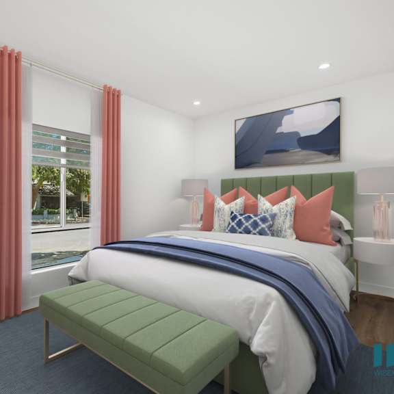 bedroom with large-size windows, vinyl flooring, and recessed lighting