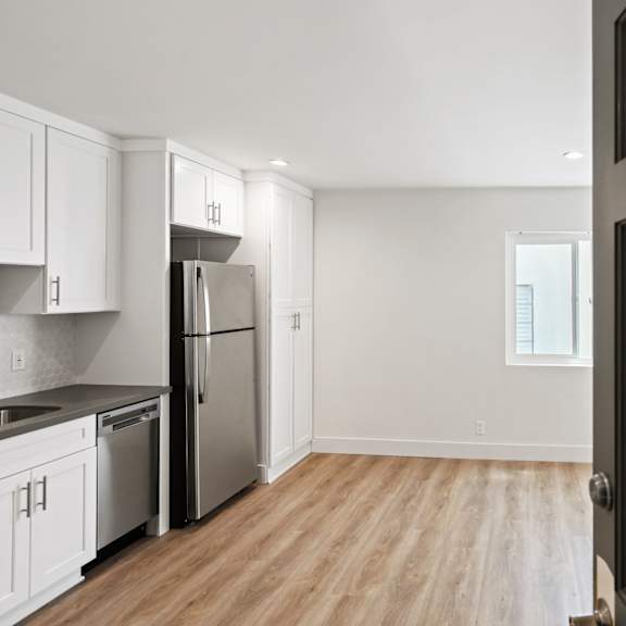 studio apartment with full-size kitchen and natural light