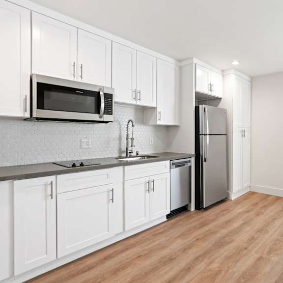 studio apartment kitchen including two-burner stovetop,dishwasher, full-size refrigerator, microwave, and plenty of cabinet storage