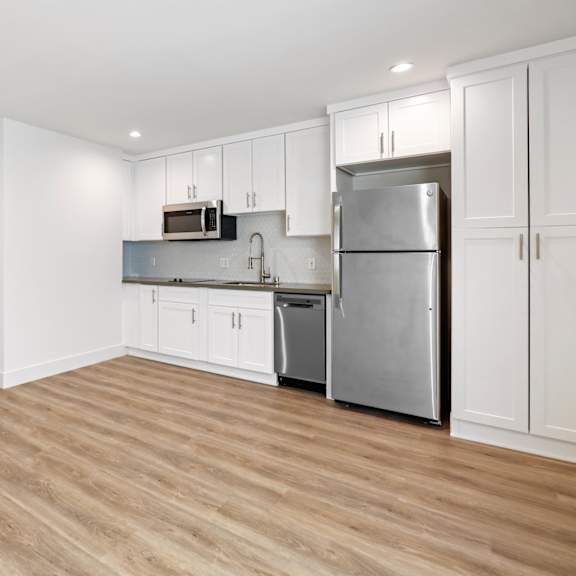 studio apartment with kitchen and vinyl flooring