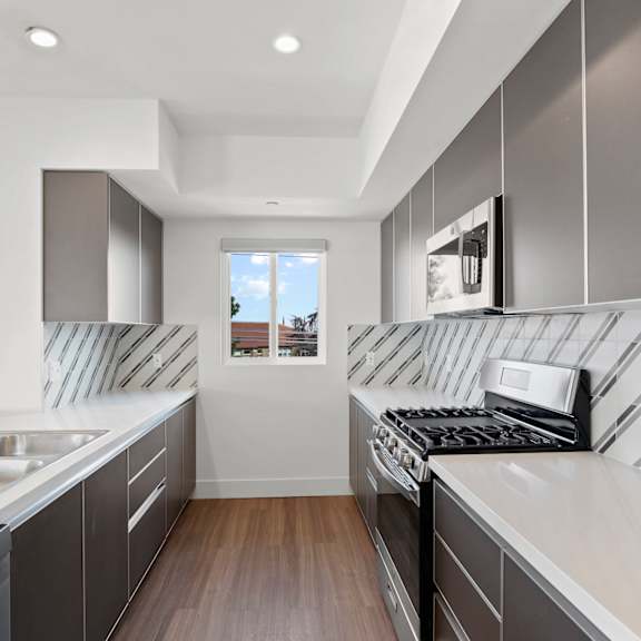kitchen with energy-efficient stove, dishwasher, and microwave oven