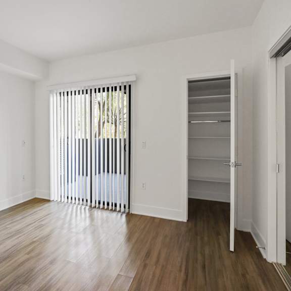 living room space with storage closet, patio, and vinyl flooring