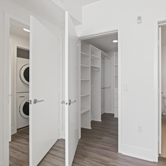 bedroom with walk-in closet with built-in organizers and bathroom