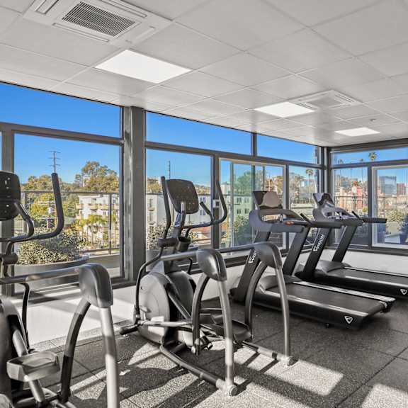 fitness center including treadmills, ellipticals, stationary bikes, and rooftop views of the city