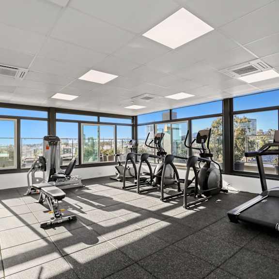 extensive fitness center located on the rooftop of santa monica breeze by wiseman