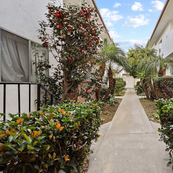 apartment courtyard with floral landscaping