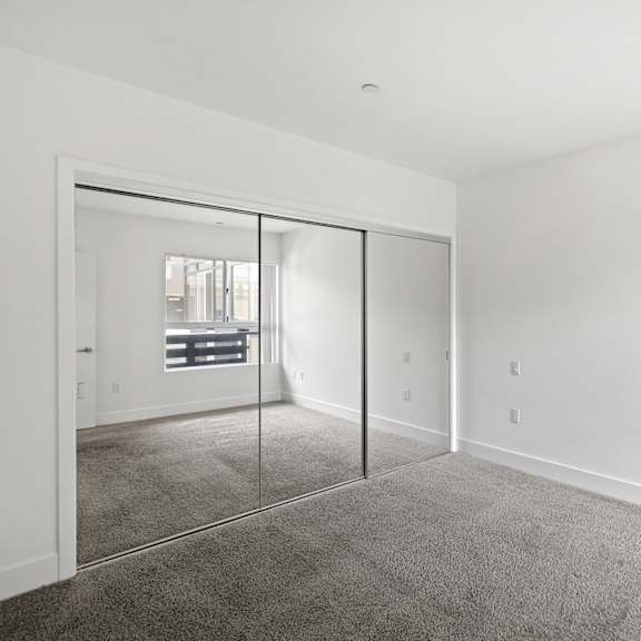 bedroom with large mirrored closet with built-in organizers