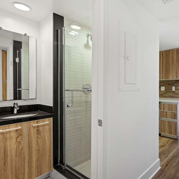 entrance to full-size guest bathroom and hallway cabinet storage