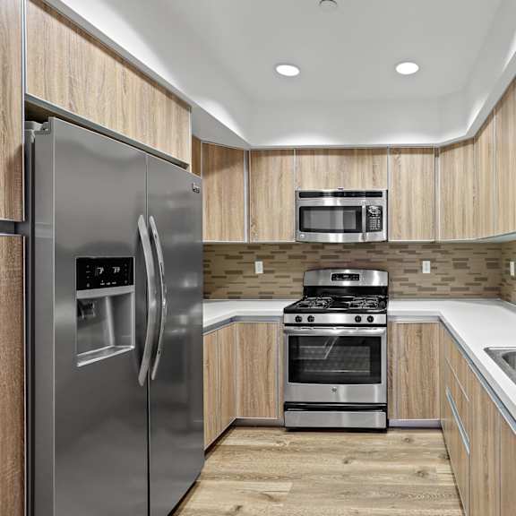 full-size kitchen with double sinks, energy-efficient appliances, and recessed lighting