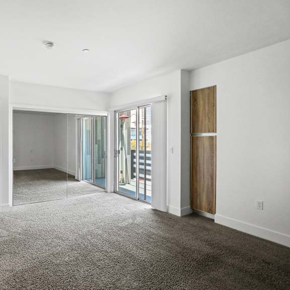 bedroom with closet, cabinet storage, and balcony access
