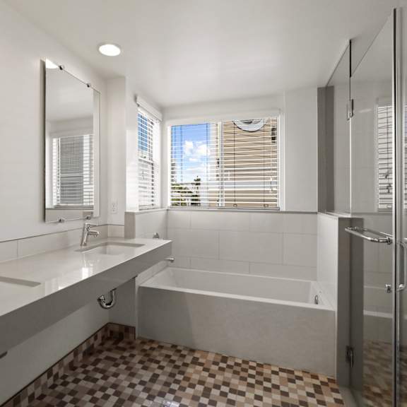 handicap accessible bathroom with double sink, stand-up shower, and full-size bathtub