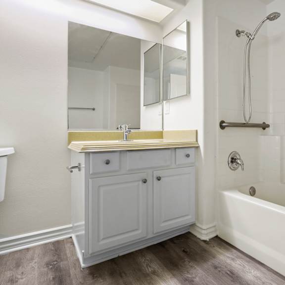 large handicap accessible bathroom with full-size bathtub