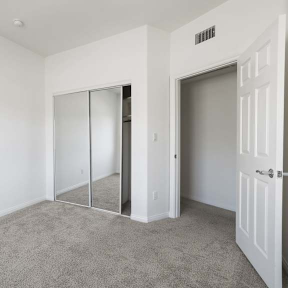 bedroom with mirrored closet