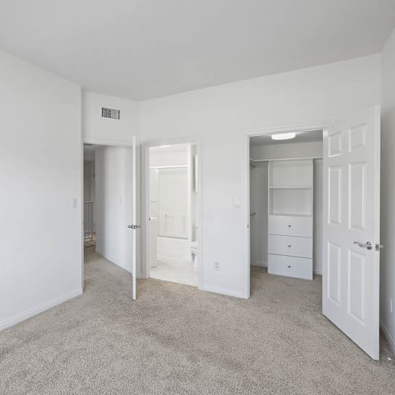 bedroom with bathroom and walk-in closet with built-in organizers