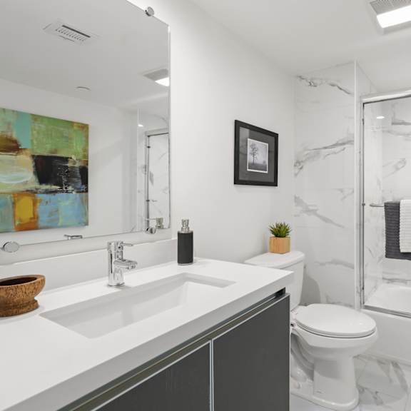 bathrooms with full-size bathtubs and vanity cabinet storage
