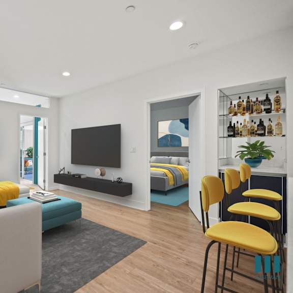 living room with built-in shelving, recessed lighting, and vinyl flooring