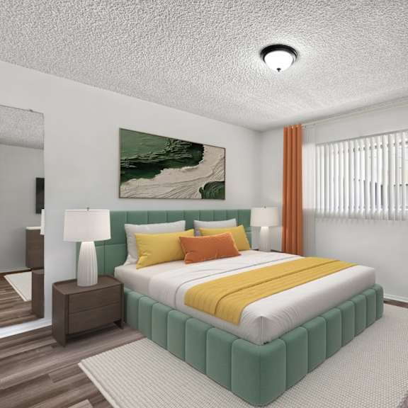 a bedroom with a large bed and a painting on the wall.