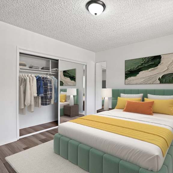 a bedroom with a bed, nightstand, and a painting on the wall.