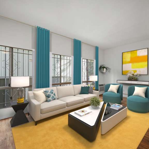 a modern living room with a white couch, blue chairs, and a yellow rug.