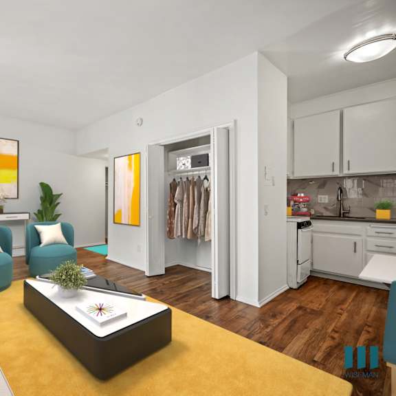a modern living room with a white sofa and a yellow coffee table.
