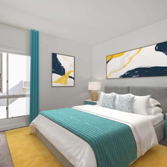 a bedroom with a large bed and a painting on the wall.