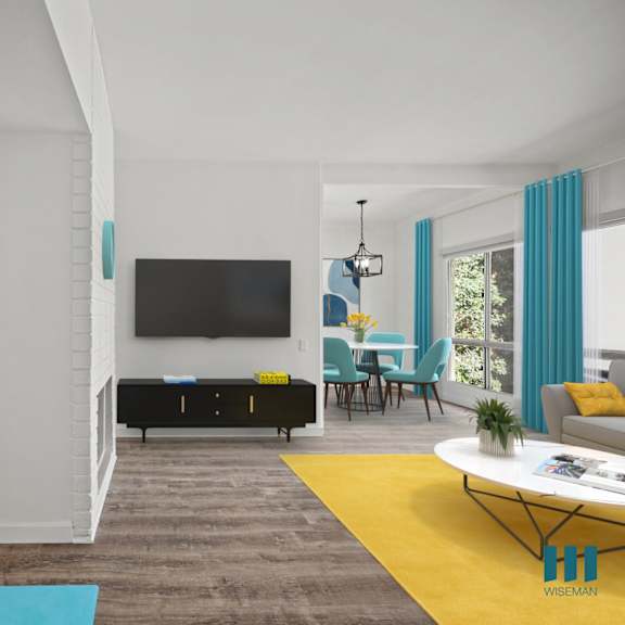 a modern living room with a television, a sofa, a coffee table, and a dining table.