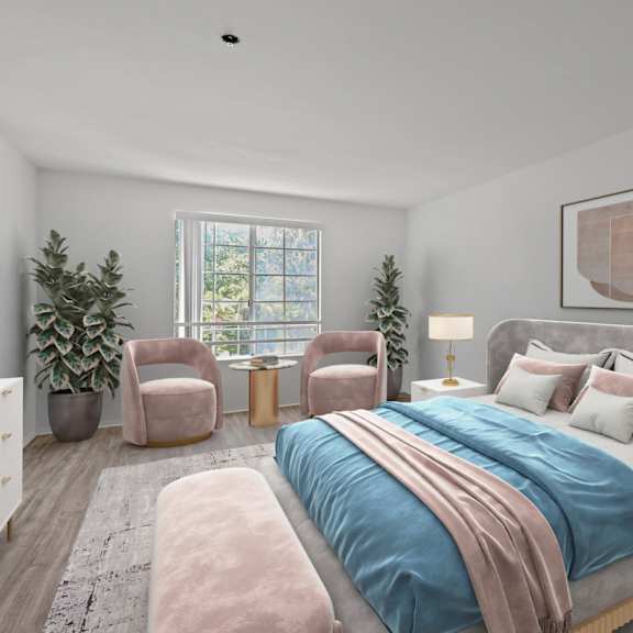 spacious bedroom with large windows and vinyl flooring