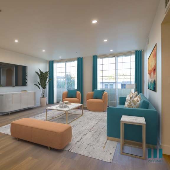 living room with electric fireplace, recessed lighting, vinyl flooring, and patio