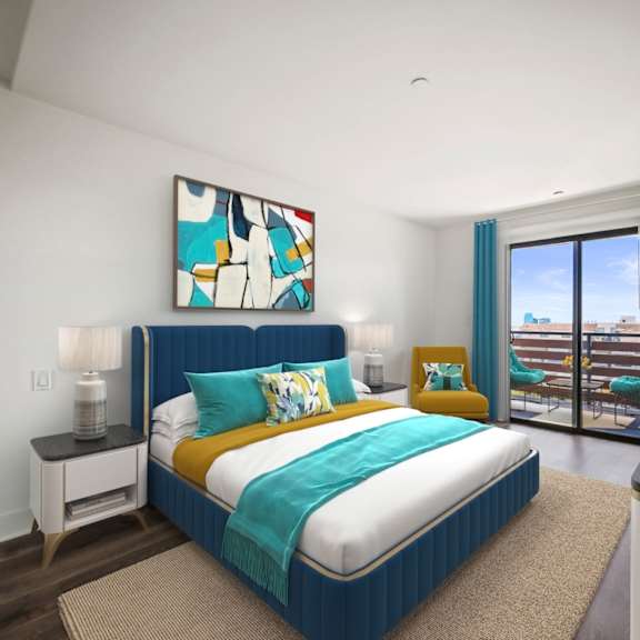 large-size bedroom with vinyl flooring and a balcony