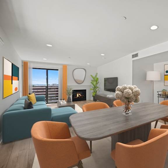 open-concept dining and living room with vinyl flooring, recessed lighting, electric fireplace, and patio