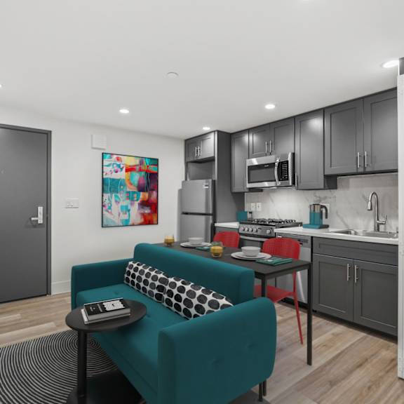 open-concept kitchen and in-suite washer & dryer