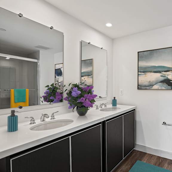 bathroom with double-sink vanity and cabinet storage