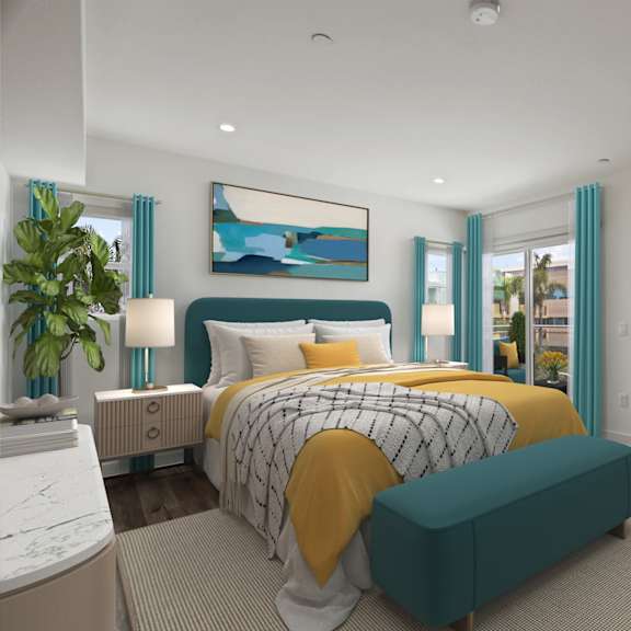 large-size bedroom with patio, recessed lighting, and vinyl flooring