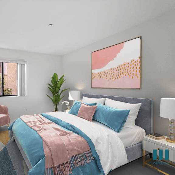 bedroom with large-size windows and vinyl flooring