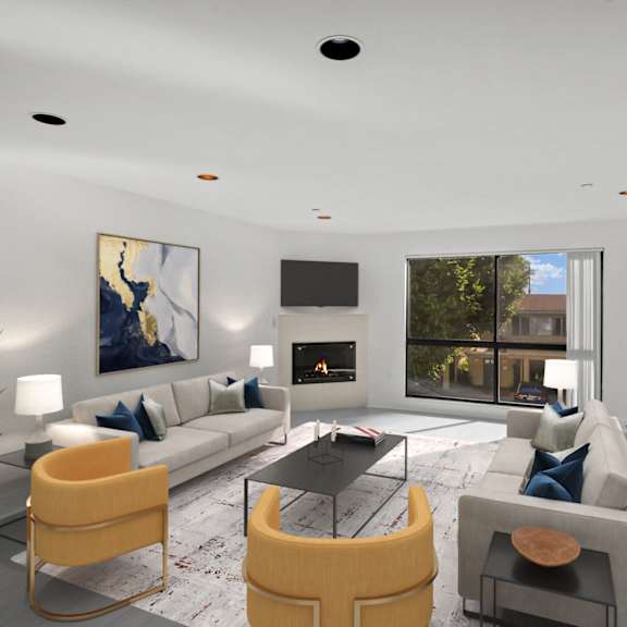 living room with electric fireplace, large windows, recessed lighting, and vinyl flooring