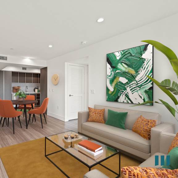 open-concept kitchen, dining, and living room space