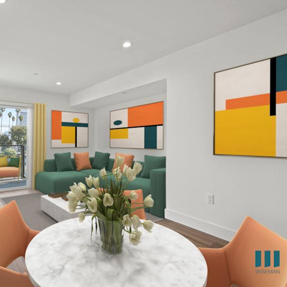 dining and living room with recessed lighting, vinyl flooring, and a patio