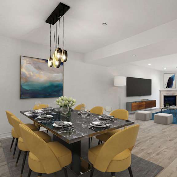 open-concept dining and living room area with fireplace and patio