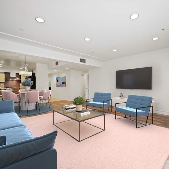 large-size open-concept kitchen, dining, and living room space with fireplace