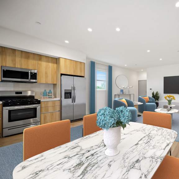 a rendering of a living room and dining room with a table and chairs