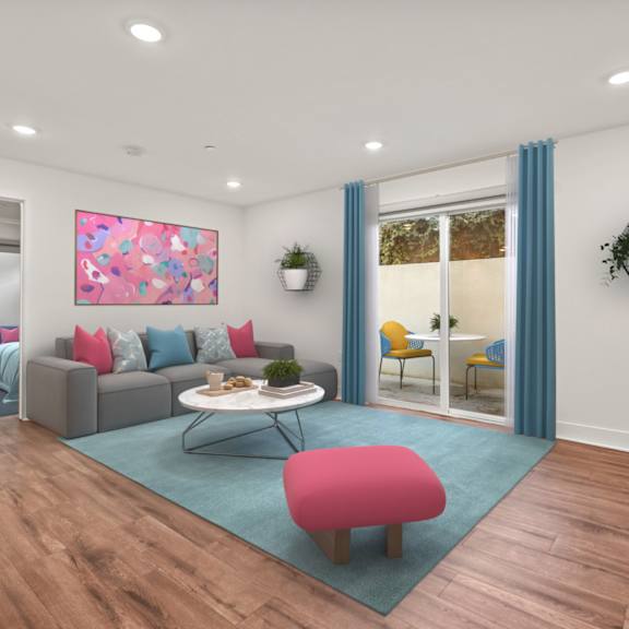 living room with vinyl flooring, recessed lighting, and patio