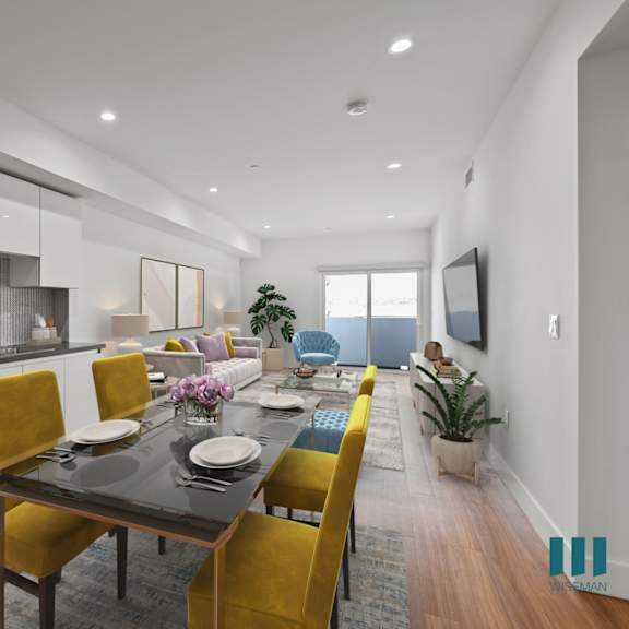 a modern kitchen with a dining table set for four.