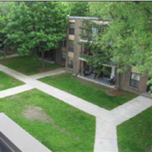 an aerial view of a yard with trees and a building