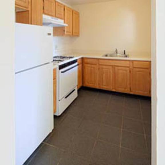 a kitchen with a stove refrigerator and a sink