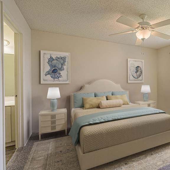 a bedroom with a bed, nightstands, and a plant.