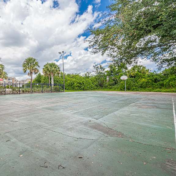 a basketball court with a basketball hoop and a net.